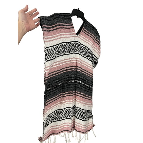 Blanket Poncho Multi Striped Fringes Southwestern Mexican By Frank Textiles - Picture 1 of 6